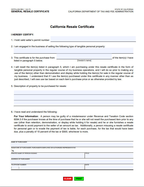 California Resale Certificate Buy From